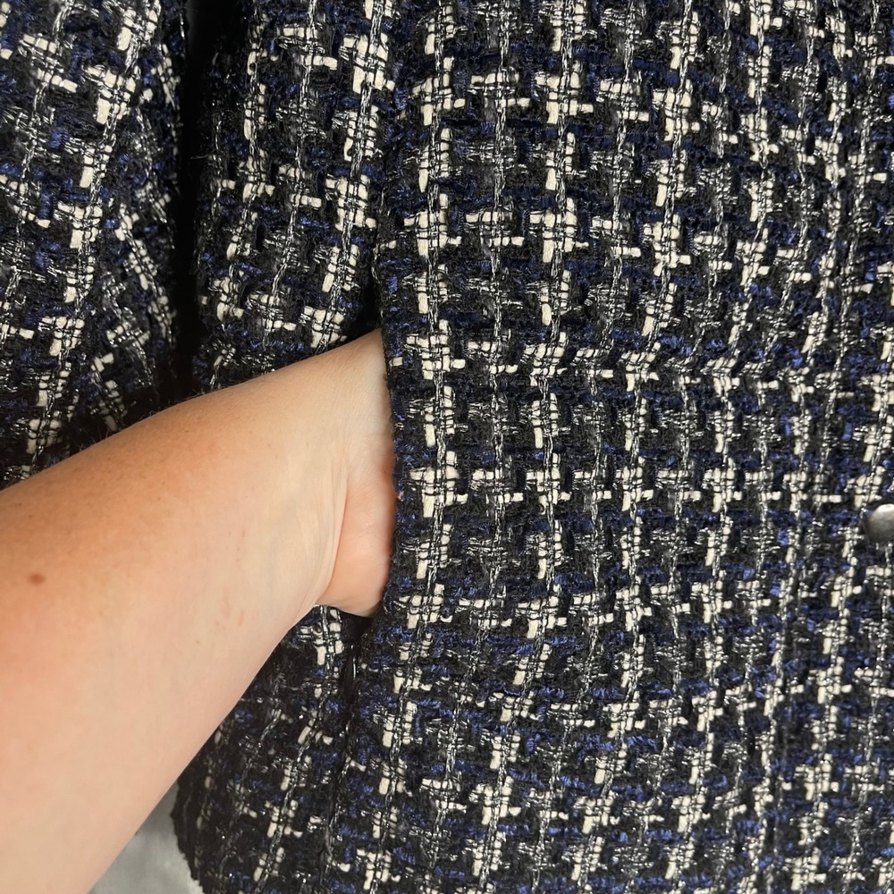Ann Taylor Tweed Puffer Jacket Women L Black Navy Plaid High Neck Preppy Classic - Picture 2 of 8